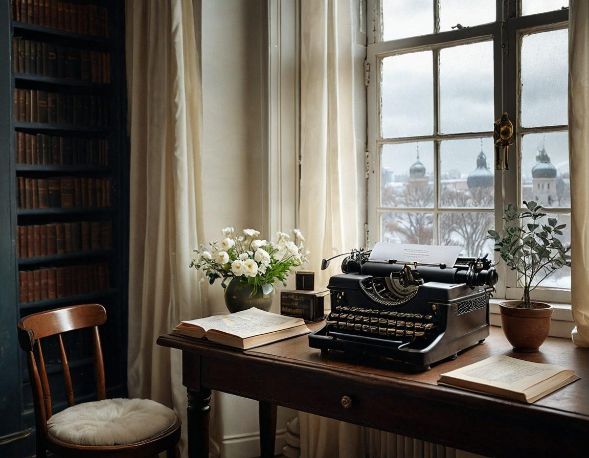 A serene study adorned with soft light, where a vintage typewriter sits alongside a collection of Anna Akhmatova's poetry books. A window reveals a stormy sky outside, symbolizing the tumult of her era. In the background, silhouettes of modern poets can be seen drawing inspiration from her work. Subtle hints of Russian architecture blend into the scene. Romantic and nostalgic vibe, with muted colors and a touch of elegance. vintage art style. muted tones.