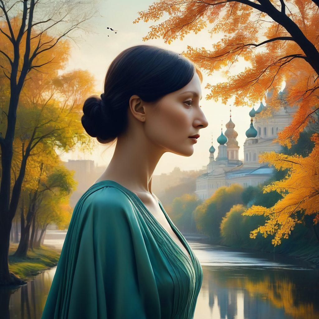 A tranquil scene featuring a classical Russian landscape merging into a modern urban setting, with a silhouette of Anna Akhmatova in the foreground, surrounded by swirling pages of her poetry. Soft, ethereal light illuminating her figure, symbolizing the bridge between the past and present. Elements of nature blending with modern architecture, showcasing the evolution of art and literature over time. soft focus, vibrant colors, painting.