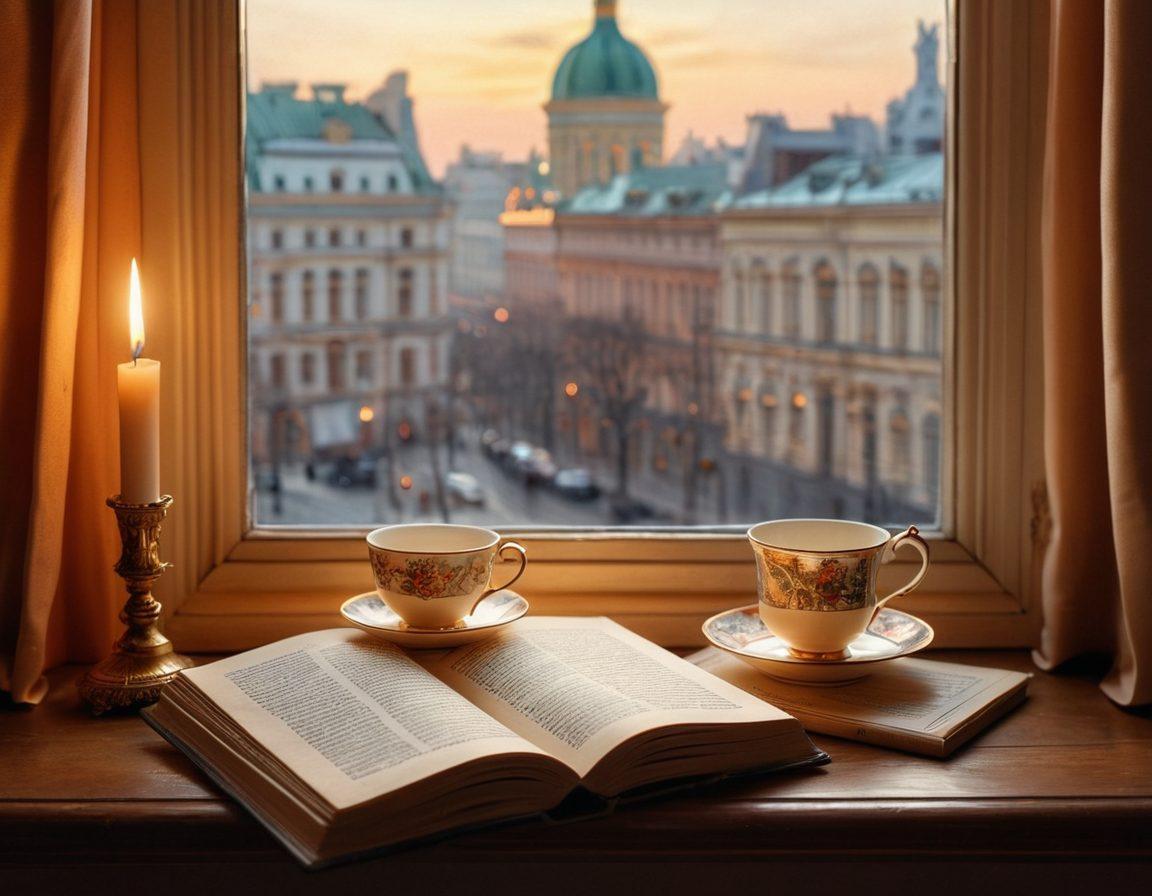 A beautifully ornate bookshelf filled with vintage Russian poetry books, alongside a delicate teacup and a quill pen resting on elegant parchment. A window in the background reveals a softly glowing St. Petersburg skyline, merging the essence of both literature and the city. Soft, melancholic lighting casts an emotional aura over the scene, embodying the spirit of Anna Akhmatova's work. realistic illustration. warm tones.